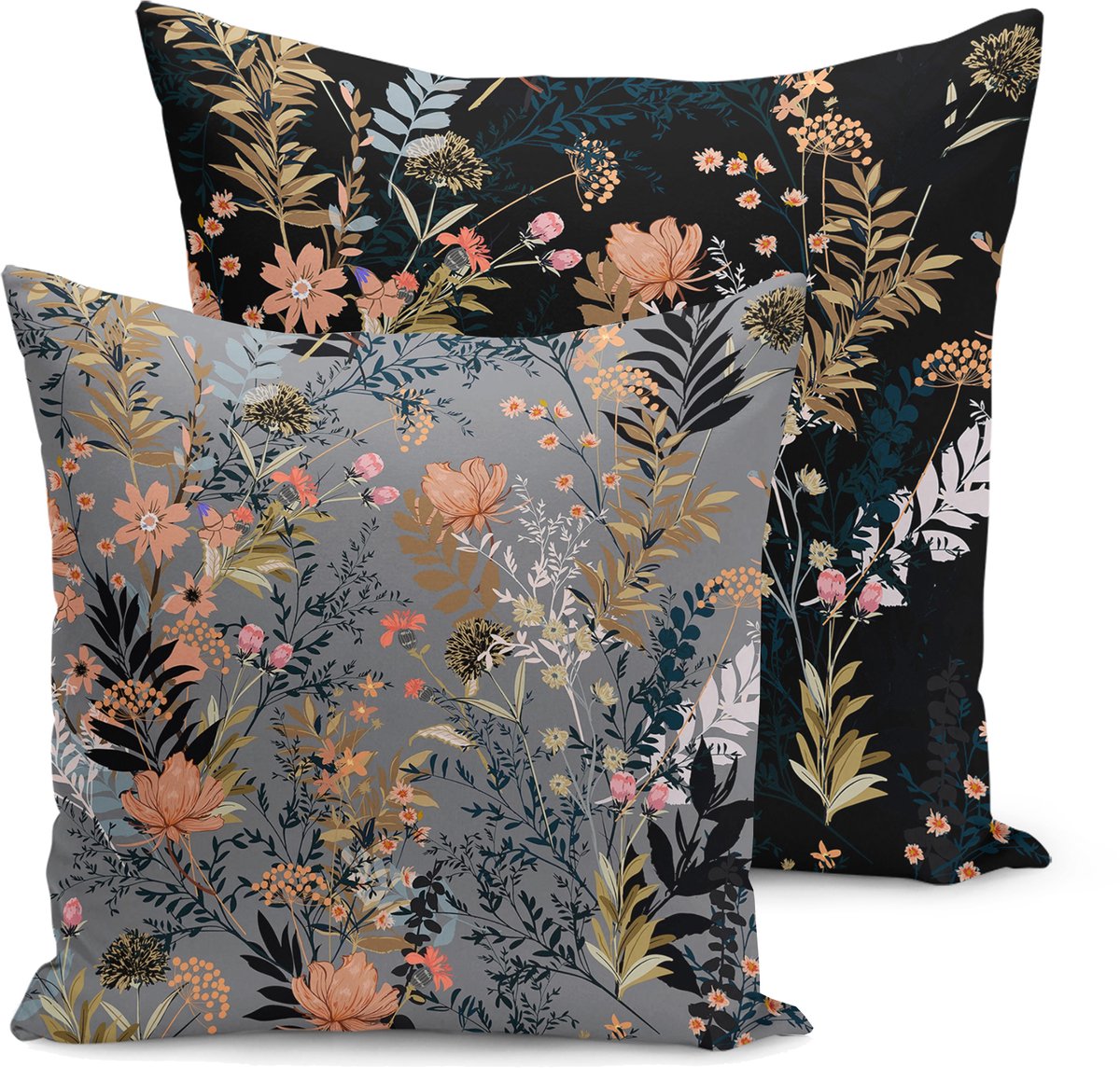 De Groen Home FLORA - Velvet Bedrukte Kussenhoezen set van 2 - 50x50 cm - Bloemen op zwart/grijs - Aan beide zijdig bedrukt