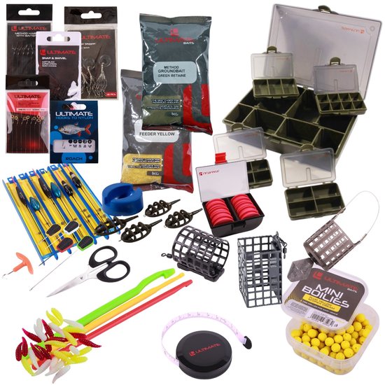 Overzicht van verschillende Ultimate visspullen, waaronder dozen, rigs, kunstaas en accessoires.