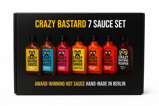 Crazy Bastard 7 Sauce Set – 7 x 100ml – Hot Sauce Gift Set – Pittige Sauzen van Mild tot Extreem Heet – Jalapeño, Habanero, Ghost Pepper, Carolina Reaper – Cadeau voor Pittige Eters & BBQ