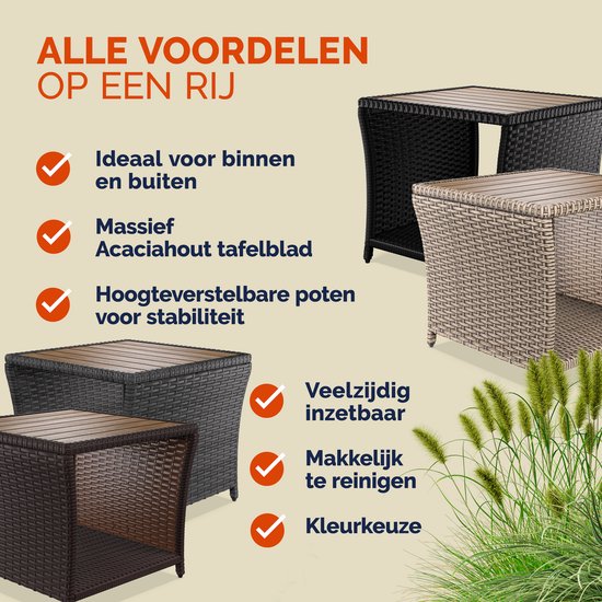 Overzicht van zwarte, bruine en grijze bijzettafels met houten tafelbladen.