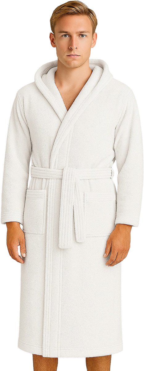 Barbons Badjas Heren - Katoen met Capuchon - Oekotex - Wit - XL