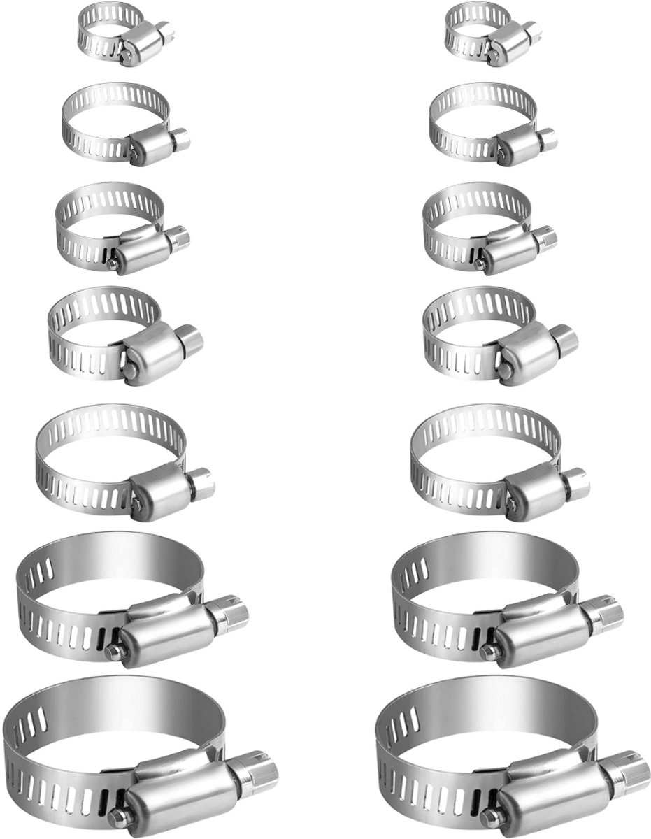 Slangenklemmen Set 14 STUKS – 7 Verschillende Formaten - RVS slangklem - Ø 15-32mm Klemmen Set voor om de Tuinslang Afvoerslang of Doucheslang Verschillende Formaten - Slang Koppeling Klem - Klemmen 14 STUKS