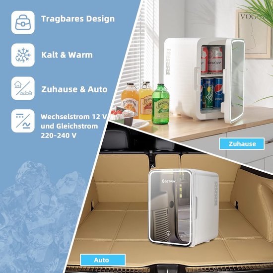 COSTWAY Mini koelkast, 10 L Draagbare AC / DC schoonheid koelkast met LED-spiegel, afneembare planken voor huidverzorging, make-up, drank, Compacte koelkast, Thermo-elektrische koeler / verwarming voor auto, slaapkamer van Costway — afbeelding 5