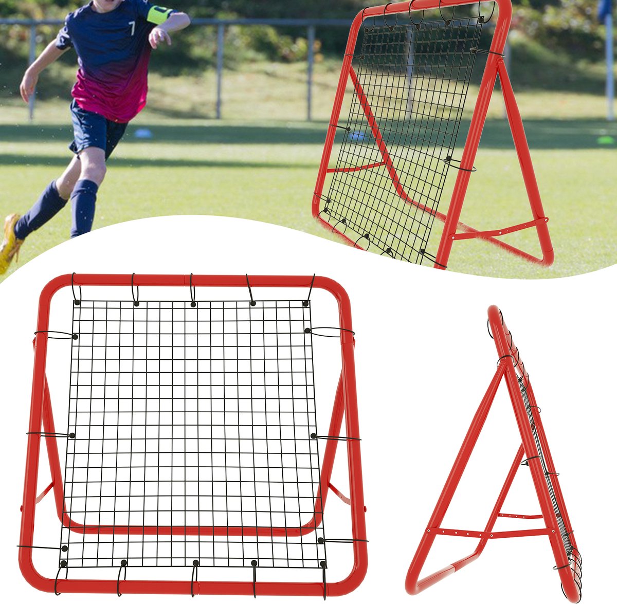 Voetbal reboundnet, geschikt voor voetbal, honkbal, basketbal, verstelbaar, rood, 100 x 100 x 65 cm
