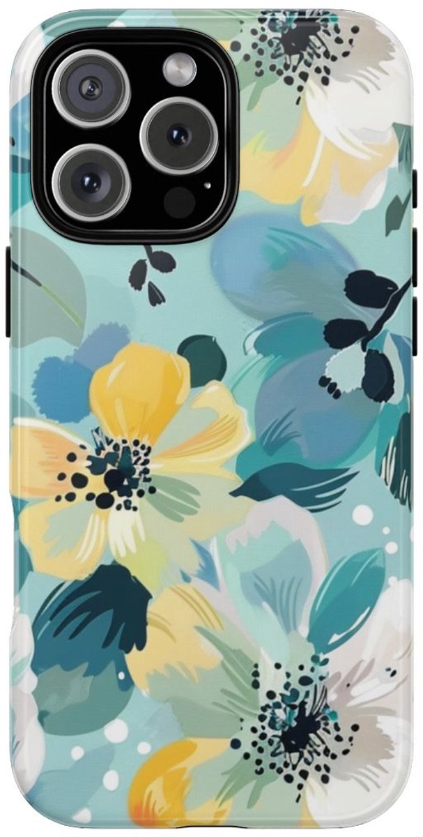 Turquoise Bloemenpatroon met Stippen – Telefoonhoesje Geschikt voor iPhone 16 Pro Max
