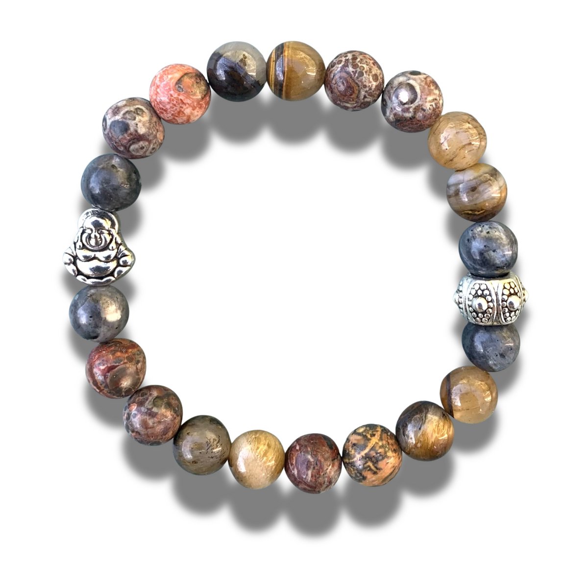 Armband -natuursteen - Labradoriet, agaat en luipaard jaspis - Buddha teken -Boeddha - 8 mm 18,5 cm