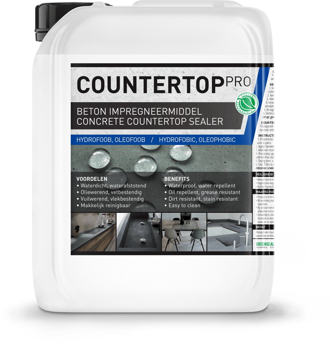 Gevlinderd beton impregneren - Betonnen werkbladen impregneren - Maakt waterdicht, waterafstotend, oliebestendig en vuilwerend. Impregneermiddel Nano coating - Woonbeton - Gepolierd beton - Countertop Pro 5L (30m2)