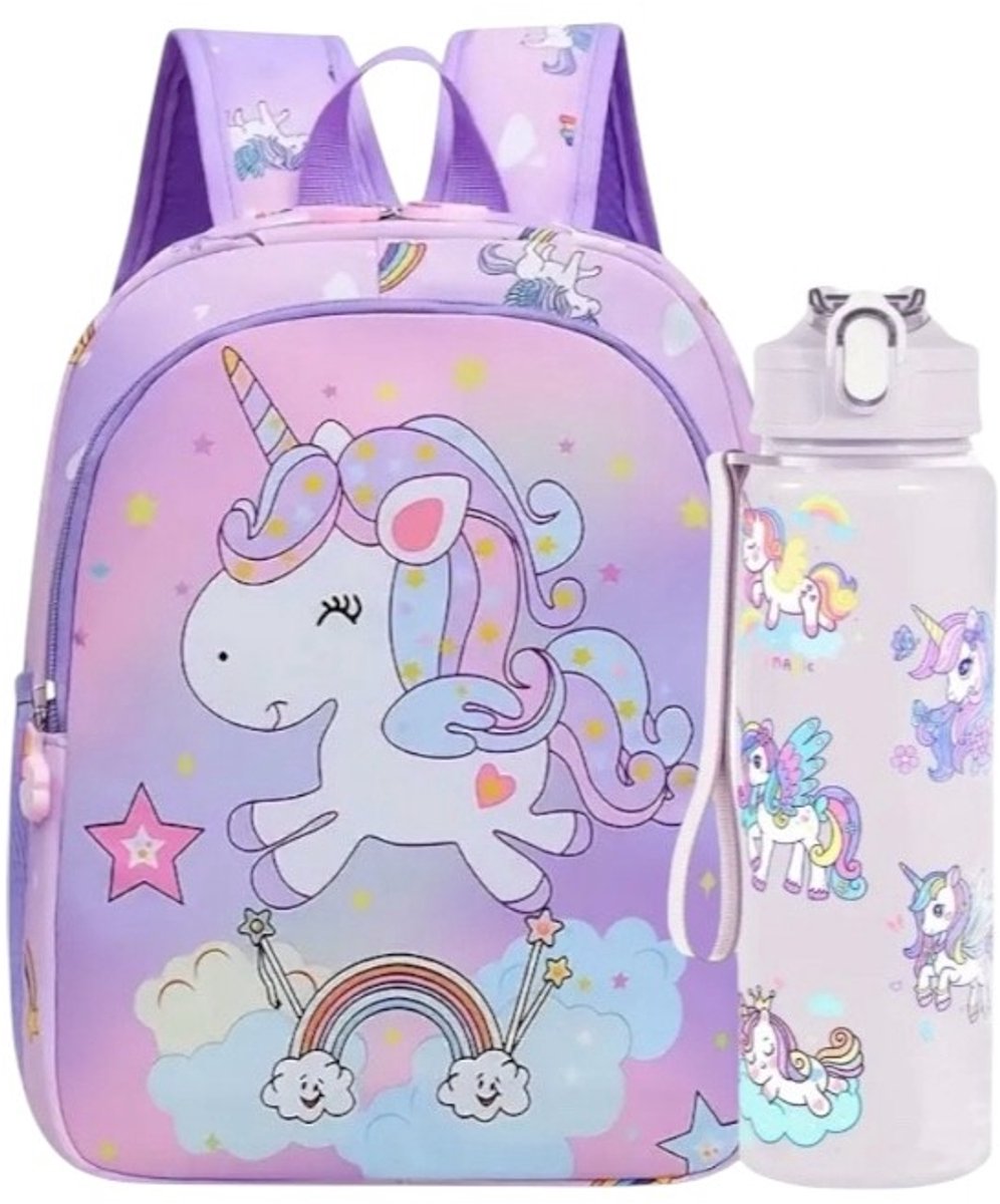 Twenty Two™ schooltas voor meisjes 2-delig set rugtas+drinkbeker voor kinderen | peuterspeelzaal/basisschool | peuter | kleuter | lichtgewicht en verstelbare banden | eenhoorn/unicorn | rugzak | gymtas | cadeau voor meisjes |24x9x30cm 19L| lila-paars