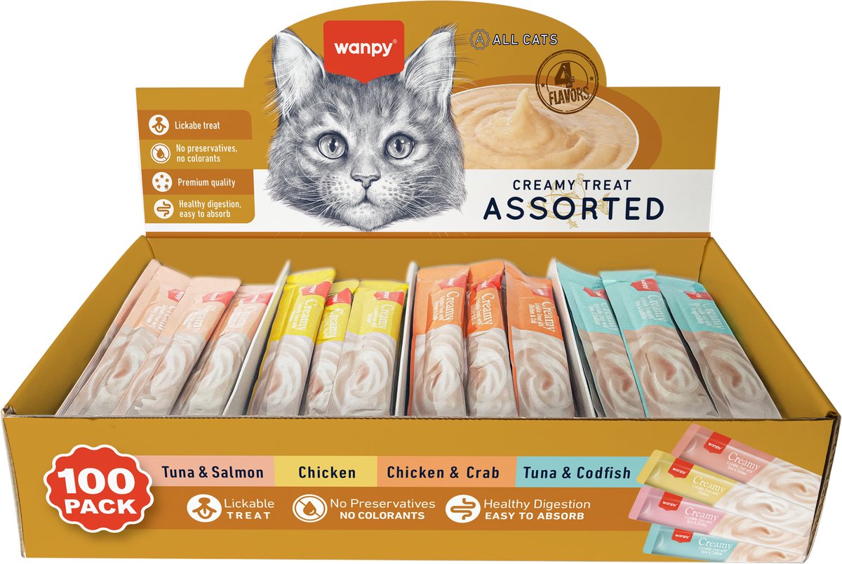 Wanpy likbare snacks 4 smaken - Voordeeldoos 100 Stuks - Kattensnack