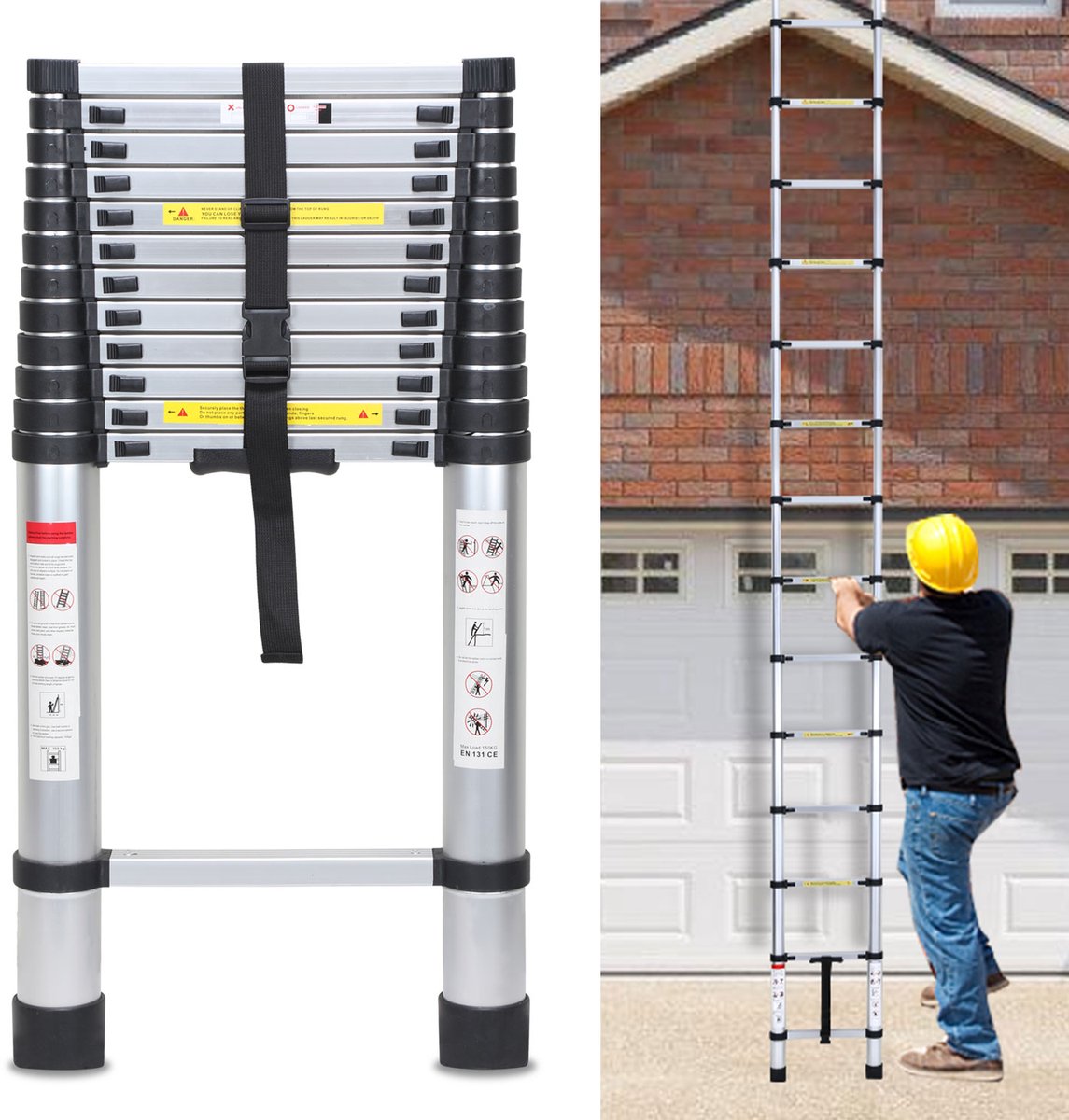Telescopische Ladder - Telescoopladder - 5m zilver, Max. Belasting 150 kg, Compact en Draagbaar met Soft Closing Systeem, Geschikt voor Particulier en Professioneel Gebruik, Telescopische Vouwladder