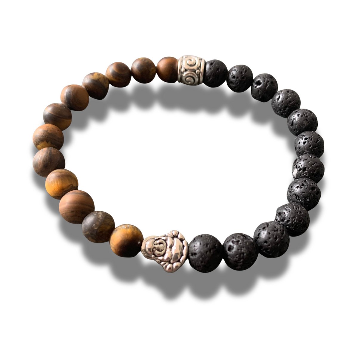 Armband - natuursteen - Lava - matte tijgeroog - tigereye - Buddha teken - Boeddha - 8 mm 21,5 cm