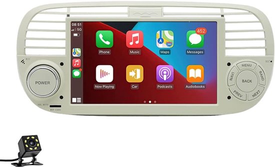 Android 9 Auto Stereo Compatible for Fiat 500 (2007-2015), Wireless Carplay Android Auto 7IN IPS Touchscreen RDS Autoradio met Sat Navi/WIFI/BT/FM/USB/Mirror Link voor Android/iOS