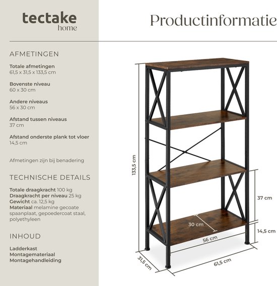 tectake® Wandkast – Boekenkast met 4 Niveaus – Industriële Houten Boekenkast met Zwart