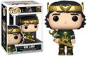 Kid Loki Funko Pop figuur met groene outfit, gouden helm, drakencape en zwaard.
