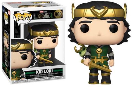 Kid Loki Funko Pop figuur met groene outfit, gouden helm, drakencape en zwaard.