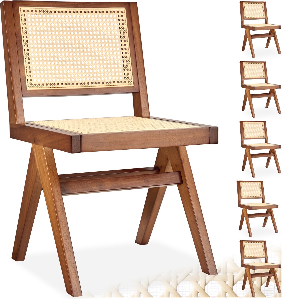 Tectake Houten Stoel Lizzy - Donker Eiken - Set van 6 Eetkamerstoelen met Weens Vlechtwerk - Boho-Stijl Stoel met Rugleuning - Massief Houten Frame - Belastbaarheid 120 kg