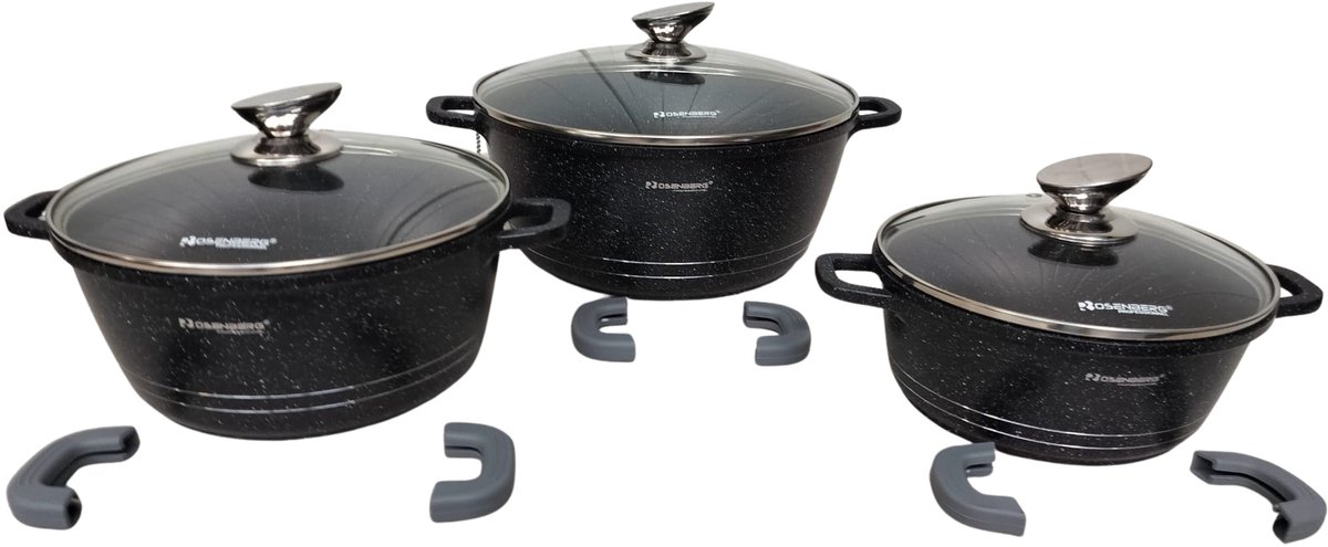 Rosenberg marble coating kookpan set 3 pannen met deksel 20 cm-24 cm- 28 cm