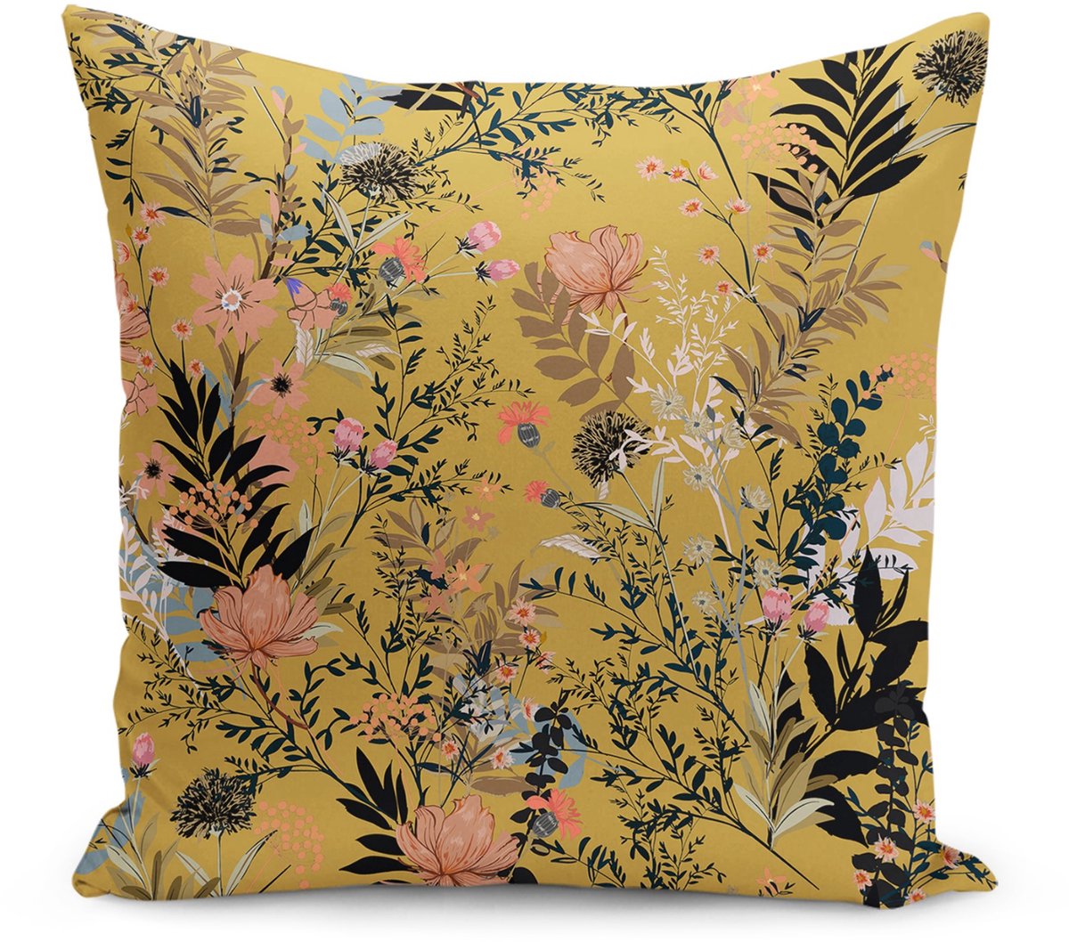 De Groen Home BLOEM - Sierkussen Velvet - 45x45 cm - Bloemen op Geel - Inclusief binnenkussen