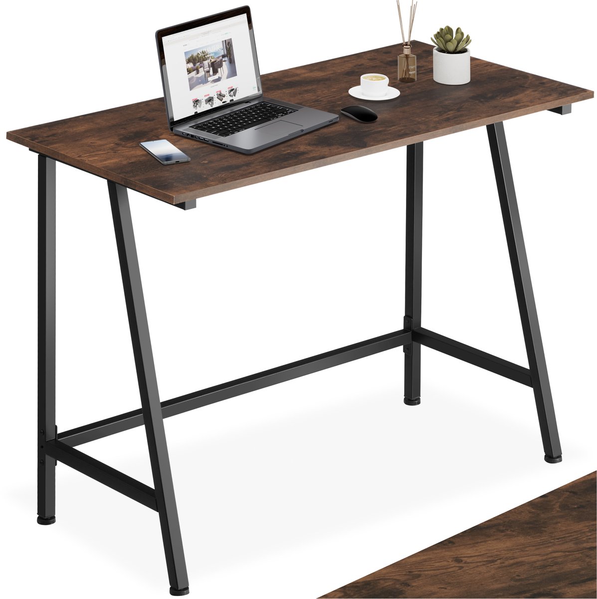 tectake® Bureau - Klein computerbureau - Bureautafel van hout en metaal - Voor woonkamer of studeerkamer - Industrieel design - Zwart metalen frame - Afmetingen (LxBxH) 100 x 50 x 77 cm - Donkerbruin