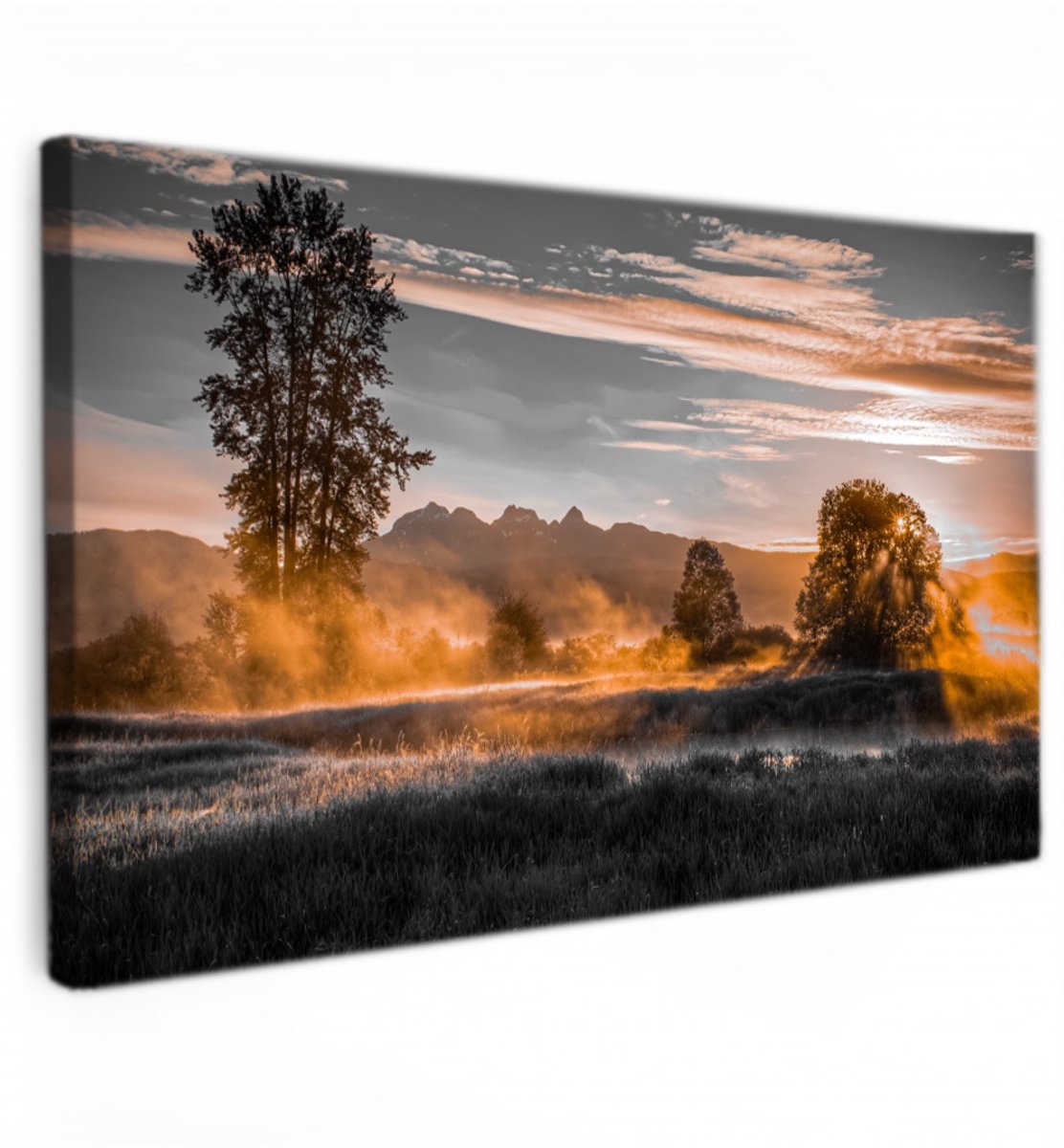 online schilderij Canvas Schilderij - Golden Sunrise Landscape - 90x50 cm - Zonsondergang in de Natuur - Landschap - Muurdecoratie voor Woonkamer & Slaapkamer - Premium Kwaliteit Canvas op Houten Frame - Wanddecoratie - Huis decoratie zwart