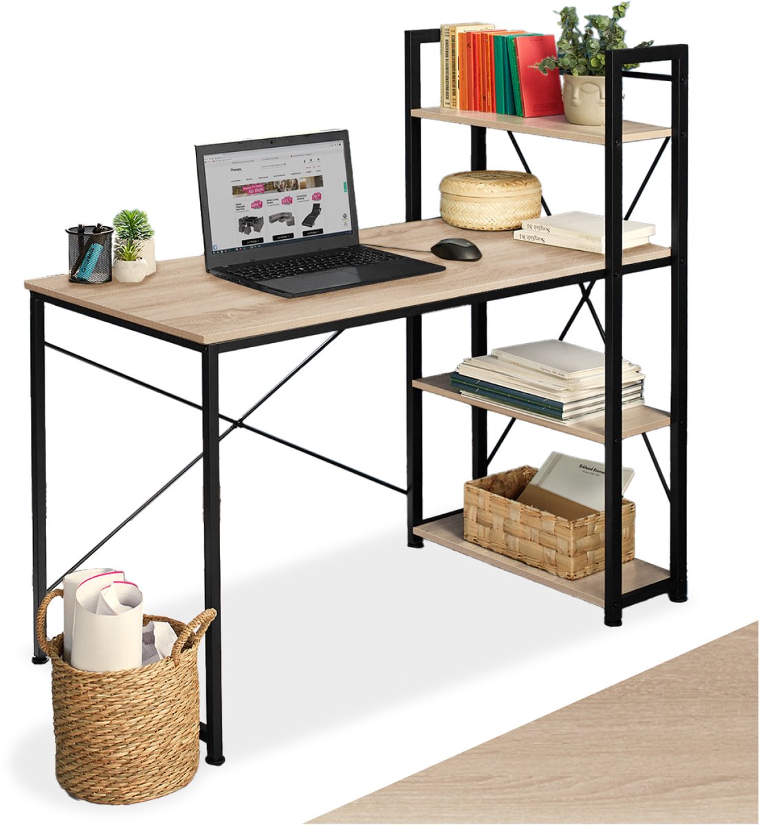 tectake® Bureau met kast - Computerbureau met 3 planken - Bureautafel van hout en metaal - Industrieel design - Zwart metalen frame - Afmetingen (LxBxH) 122 x 61 x 120 cm - Lichtbruin