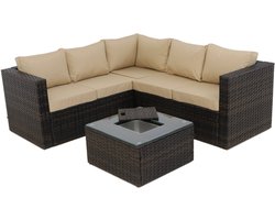 Loungeset Elysia - Tuinmeubel - Tuinset - Bruin - Wicker - Inclusief kussens + glasplaat - Ice bucket - Weerbestendig