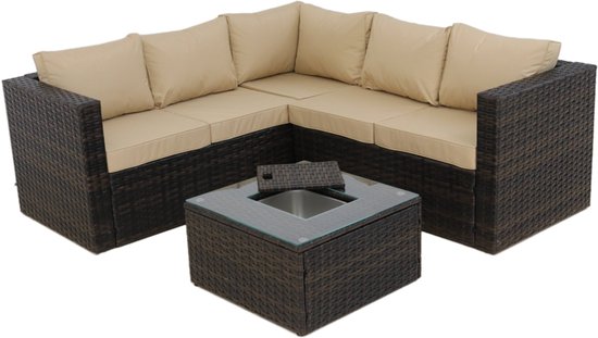 Loungeset Elysia - Tuinmeubel - Tuinset - Bruin - Wicker - Inclusief kussens + glasplaat - Ice bucket - Weerbestendig