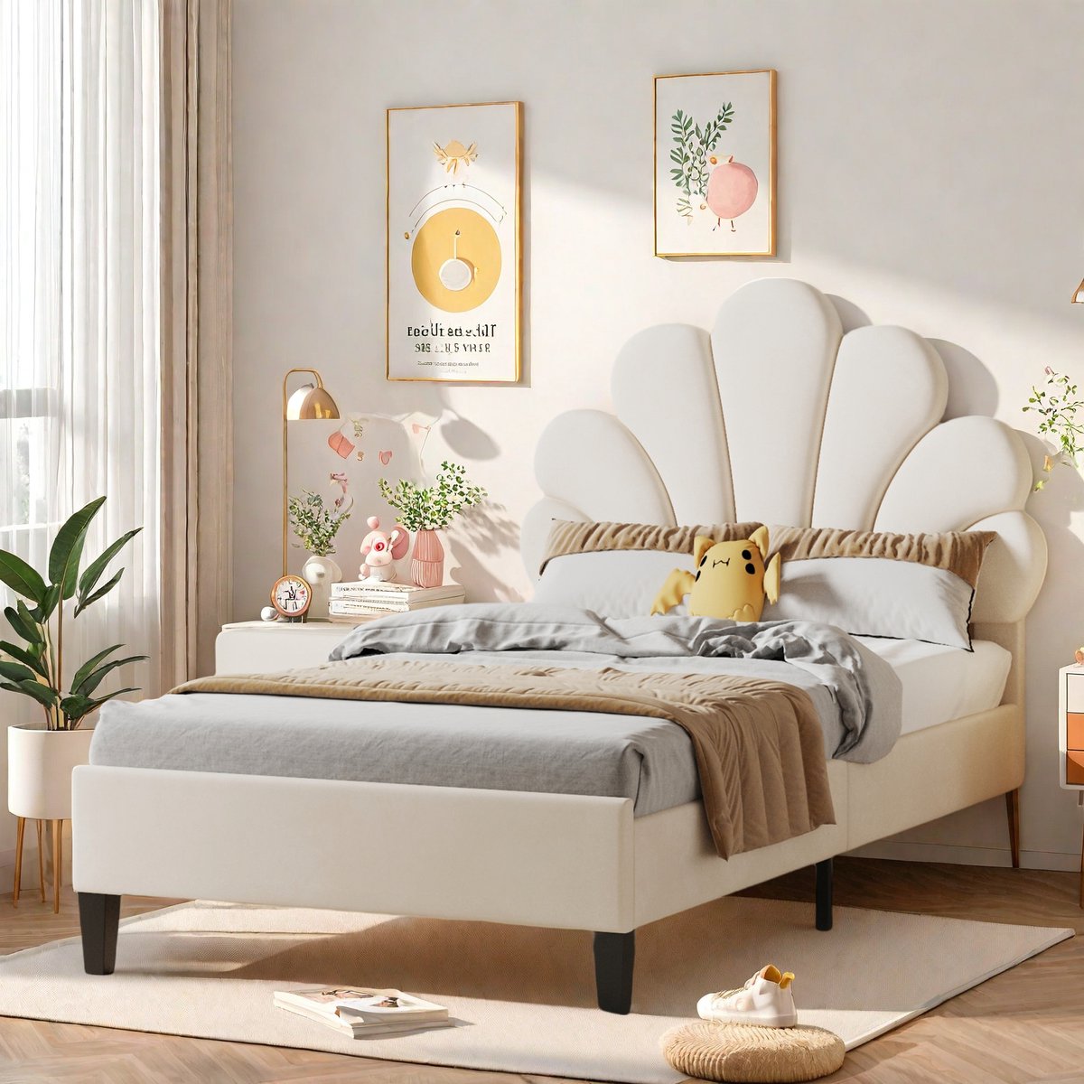 Eenpersoonsbed 90x200 cm met bloemvorm hoofdbord, velvet beige kinderbed tienerbed met lattenbodem, design bedframe slaapkamermeubel