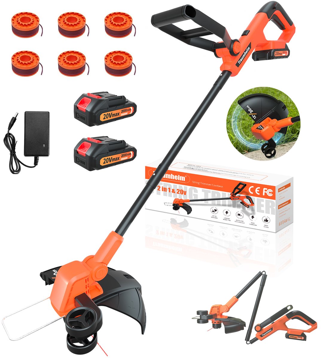 Traumheim Accu Grastrimmer met 2x Accus en Oplader - 30 cm 2-in-1 Graskantensnijder|Bosmaaier - Automatische Draadaanvoer - Elektrisch Grasmaaier - 6 Draadspoelen.