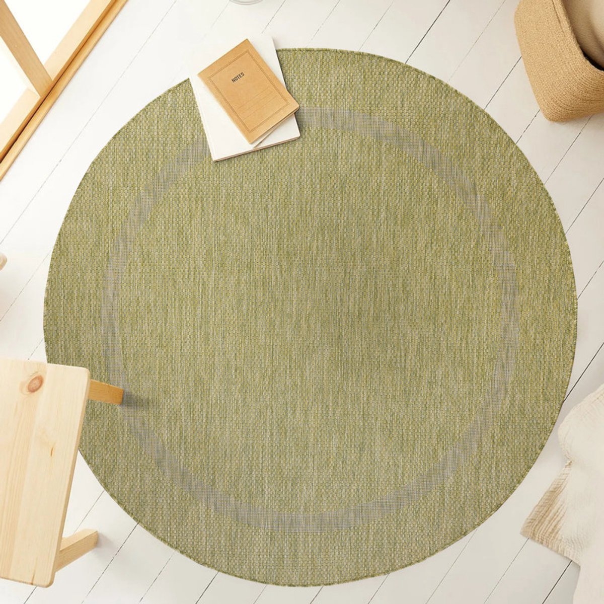 Relax Vloerkleed – Groen – Laagpolig Kaderdesign – Voor Binnen & Buiten – 200x200 cm rond