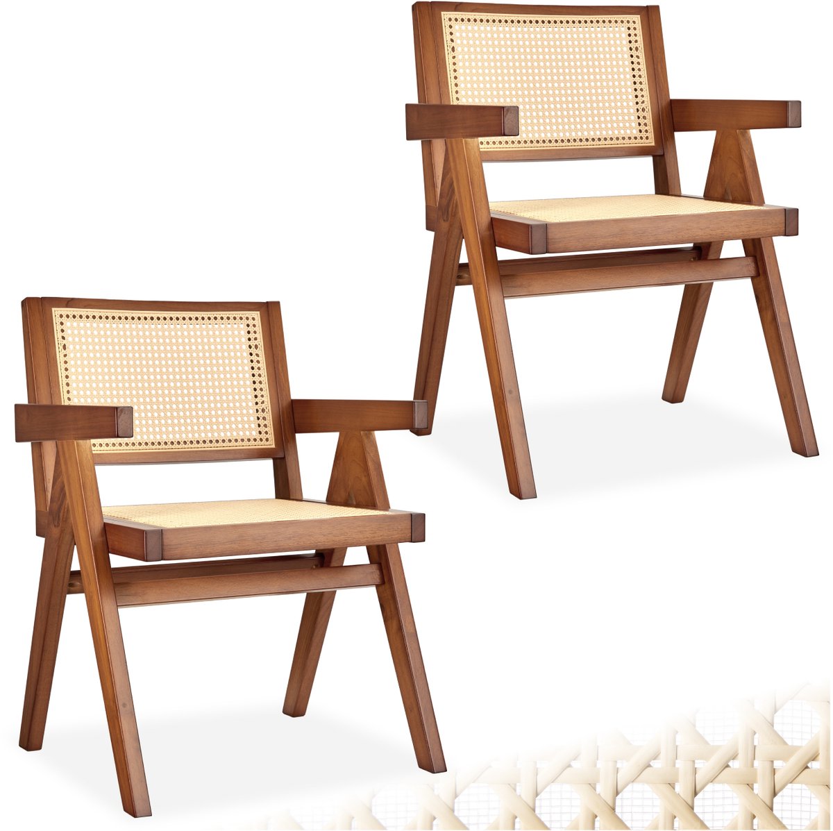 Tectake Houten Stoel Lizzy met Armleuning - Donker Eiken - Set van 2 Eetkamerstoelen met Weens Vlechtwerk - Boho-Stijl Stoel met Rugleuning - Massief Houten Frame - Belastbaarheid 120 kg Donker Eiken - Met Armleuning