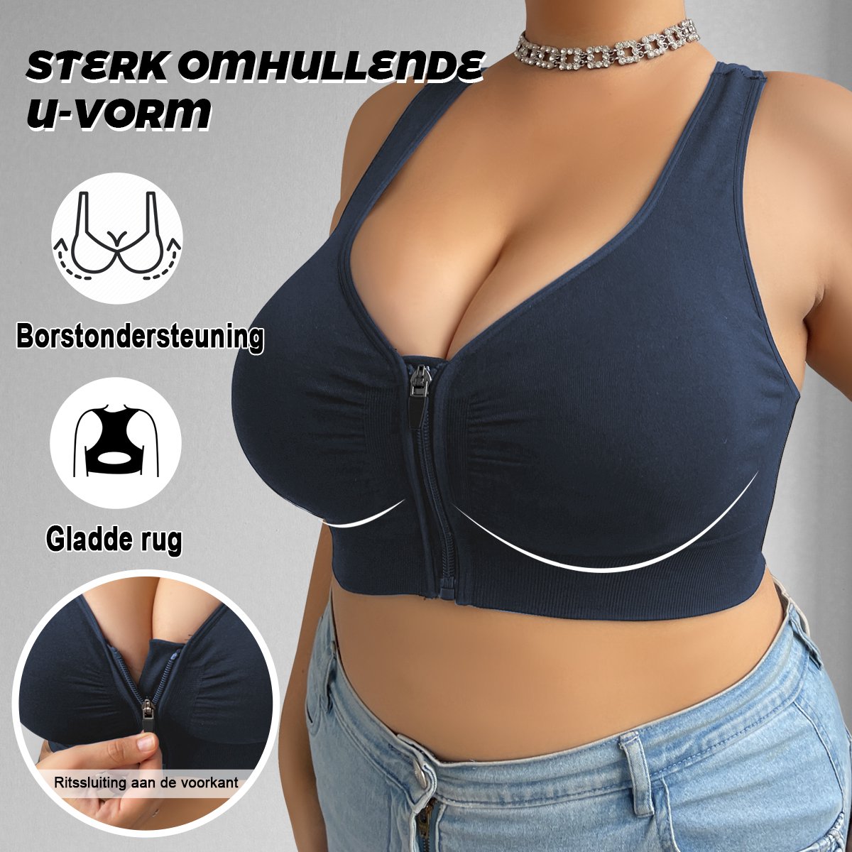 VIMOSE BH ritssluiting aan de voorkant dames-BH Grote maten-Comfort BH-postoperatieve bh-afneembare cups-Ondersteunende BH-Beha dames-Blauw-XL