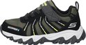 Zwarte Skechers outdoorschoen met groene mesh en gele accenten. "WATERPROOF" opdruk.