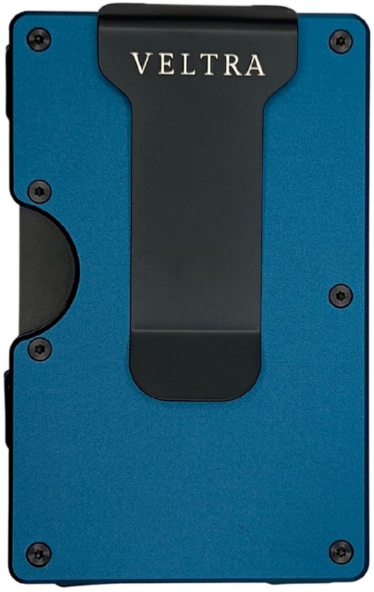 Portefeuille Veltra - Porte-cartes - Minimaliste - Homme et femme - Protection RFID - Aluminium - Jusqu'à 15 cartes - Mécanisme à ressort - Pince à billets - Billets - Bleu marine