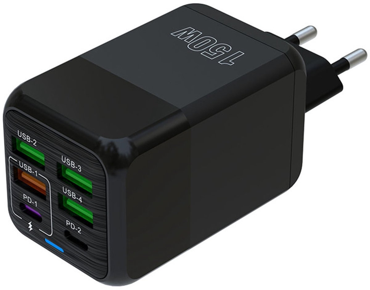 150W 4 x USB + 2 x USB-C / Type-C Multi-port Snellader - Oplader Adapter voor 6 Apparaten tegelijk - Geschikt voor Smartphones, Tablets etc. - zwart