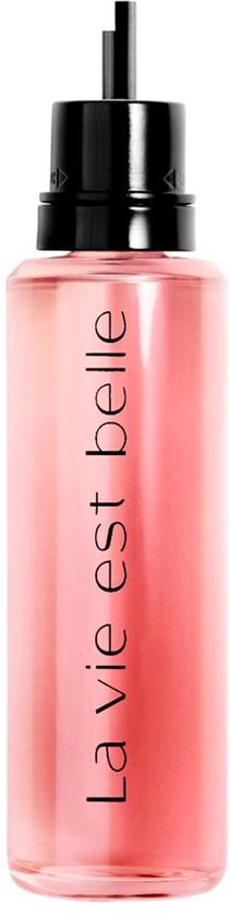 Navulfles La Vie est Belle Eau de Parfum met roze vloeistof.
