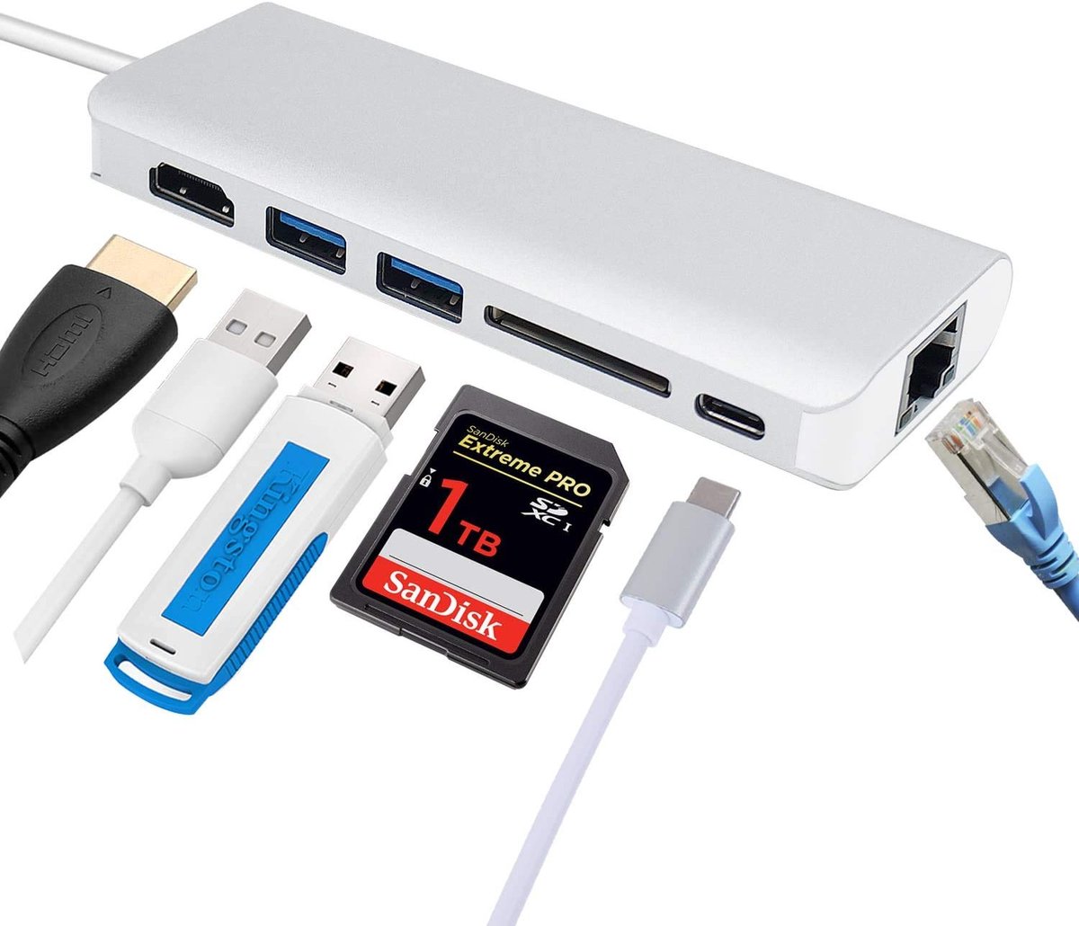 USB-C Hub 6-in-1 Adapter – 4K HDMI, 1Gbps Ethernet, 2x USB 3.0, SD-Kaartlezer, 60W PD – Geschikt voor MacBook Pro/Air, USB-C Windows Laptops