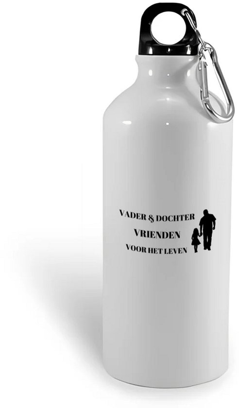 Bouteille d'eau blanche avec le texte "Père et fille amis pour la vie" et une silhouette.
