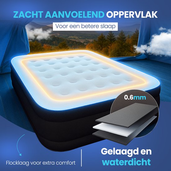 Opgeblazen FLOAT luchtbed in een tent, met zacht aanvoelend oppervlak, gelaagd, waterdicht en met flocklaag.