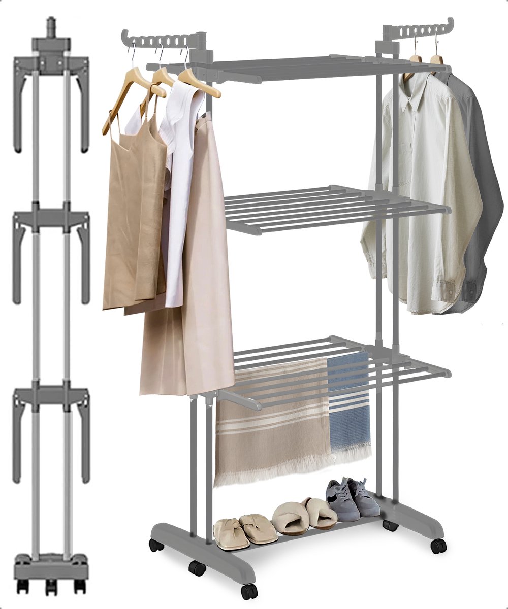 BAUER & MEYER® - Droogrek - Inklapbaar Wasrek - Incl. 20 wasknijpers - Droogtoren - Wastoren - 173 x 75 x 63 cm - Grijs
