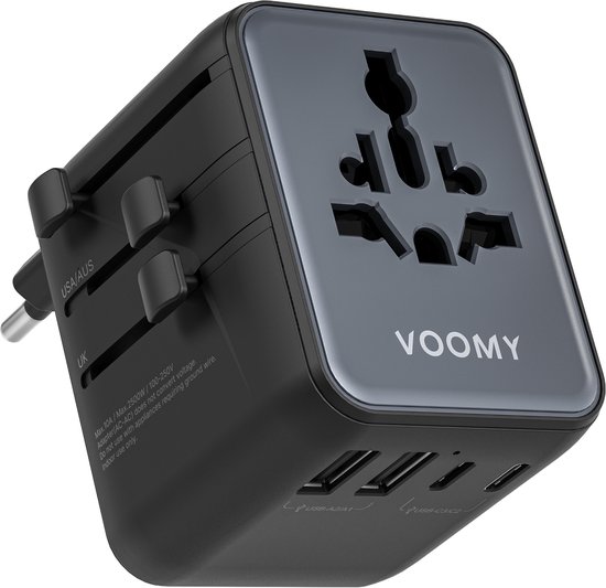 Voomy Reisstekker 200+ landen - 28W - Wereldstekker Universeel - 5 USB Poorten - Geschikt voor: Engeland (UK), Amerika (USA), Afrika, Japan, Italië, Thailand, Type G & A
