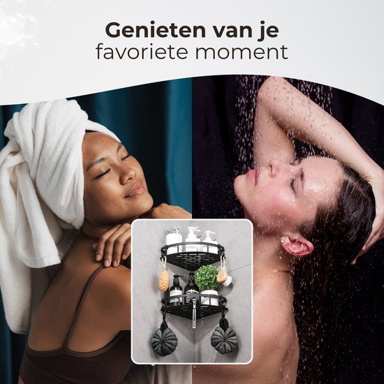 Support de douche sans perçage - Accessoires de salle de bain - Support de douche - Panier de douche - Acier inoxydable - Support d'angle - Suspension - Zwart - 2 pièces