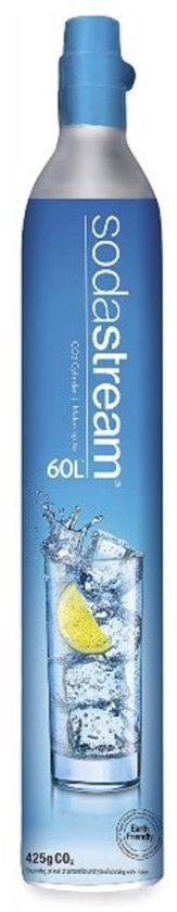 Sodastream CO2-cilinder van 60L met een afbeelding van een glas bruisend water met citroen en ijs.