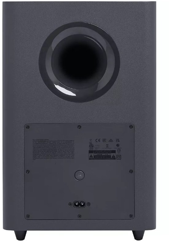 Achterkant van de zwarte JBL subwoofer met aansluitingen.