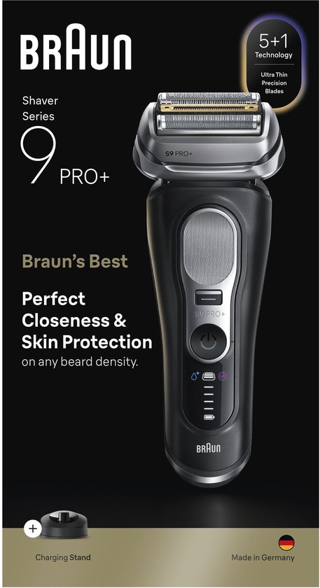 Rasoir Braun Series 9 PRO+ noir, avec texte "Braun's Best Shave", logo "Made in Germany" et mention "5+1 Technology".