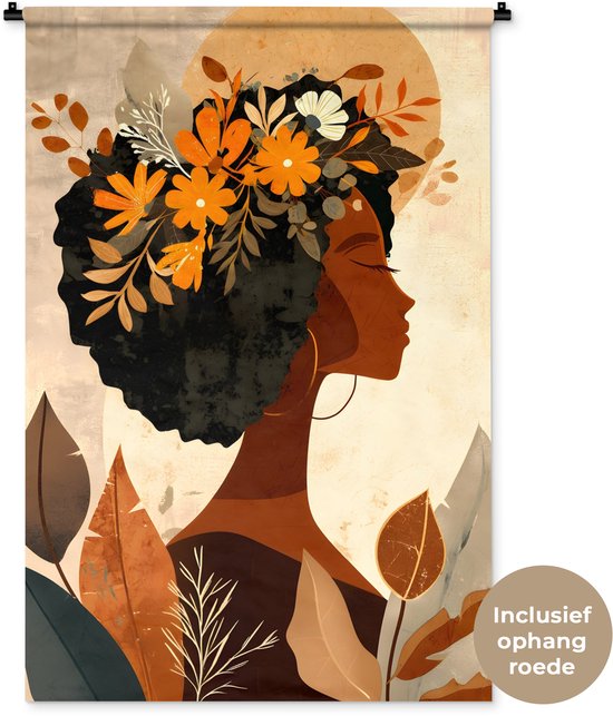 Tapisserie murale 90x135 cm - Femme - Boucles - Fleurs - Beige - Tapisserie murale - Tapisseries