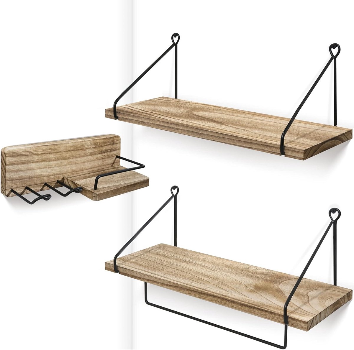 Wandrek, hout, zwevende plank, hangrek, keuken, smeedijzer, praktische decoratieve planken van hout, voor woonkamer, slaapkamer, badkamer, kinderkamer, set van 3