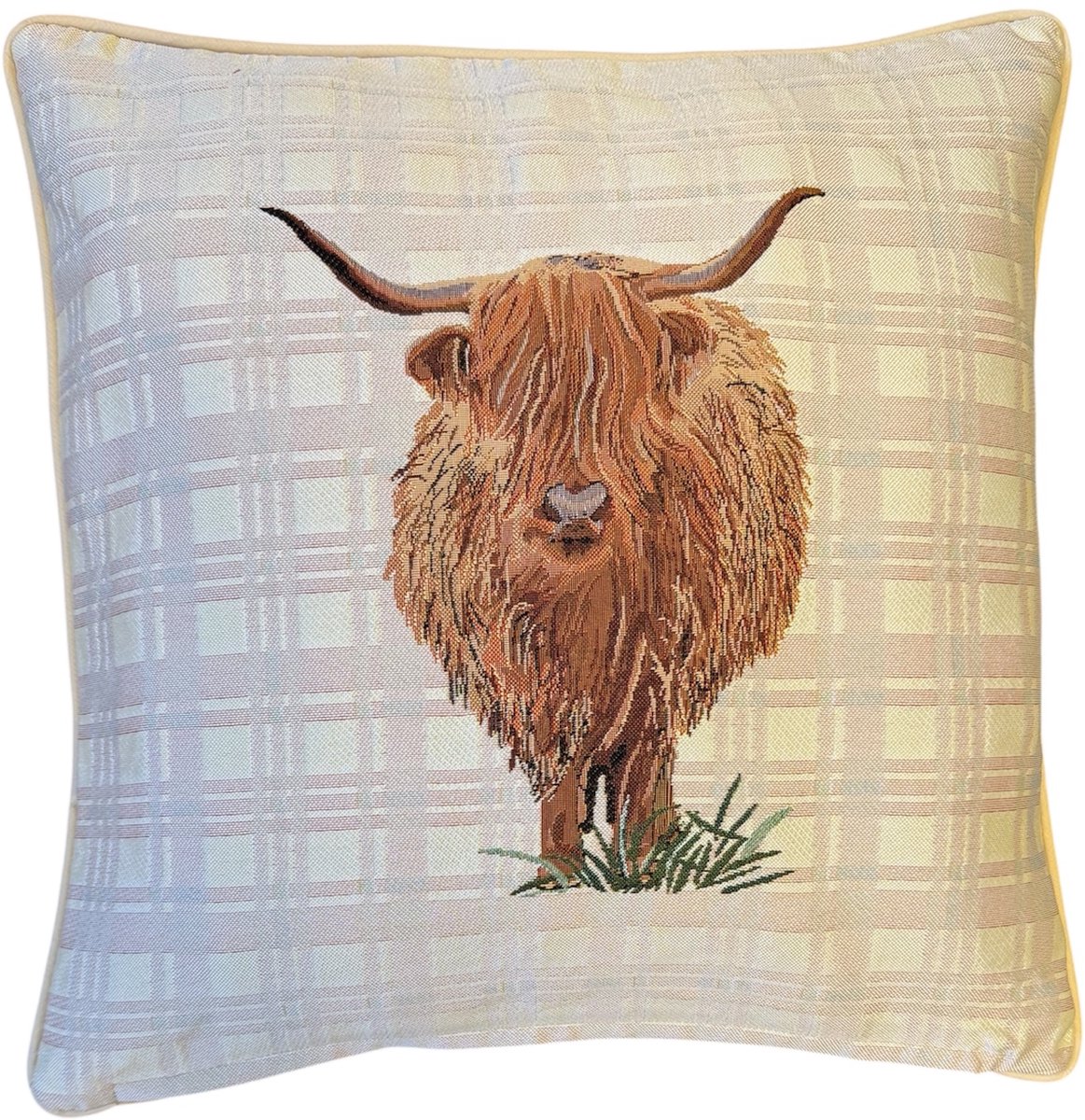 Signare Kussenhoes – Luxe Gobelinstof – Highland Cow – Schotse Hooglander – 45 x 45 cm beige