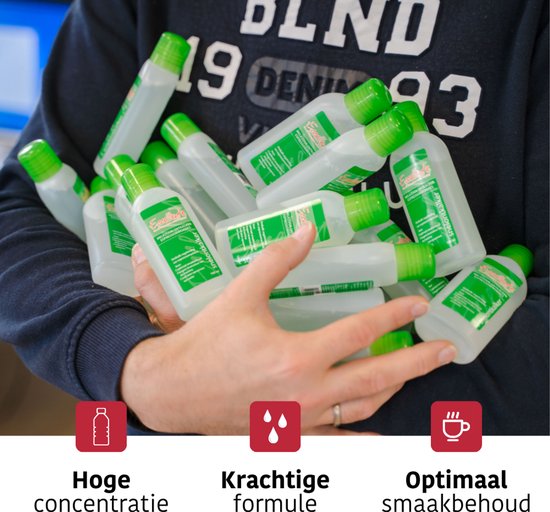 Man houdt grote stapel flesjes Eccellente ontkalker vast. Iconen: "Hoge concentratie", "Krachtige formule", "Optimaal smaakbehoud".