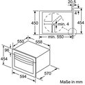 Technische tekening met afmetingen van een magnetron, boven- en zijaanzicht.